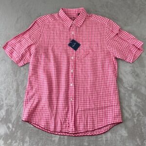 Indigo Palms Shirt Men XL Pink Check 100% Linen Short Sleeve Hawaiian NWT $88